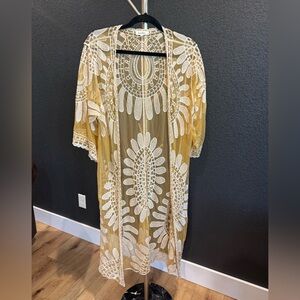 Rebellion Sheer Embroidered Kimono Duster Cardigan Medium Boho Fall Layer